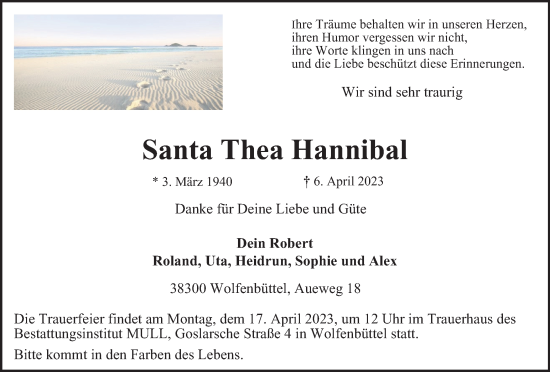 Traueranzeige von Santa Thea Hannibal von Wolfenbütteler Zeitung