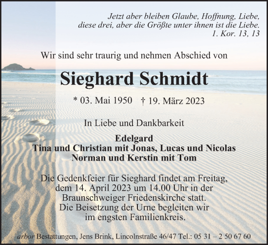 Traueranzeige von Sieghard Schmidt von Braunschweiger Zeitung