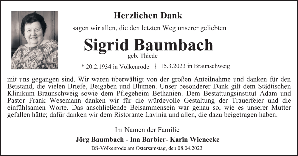 Traueranzeige für Sigrid Baumbach vom 08.04.2023 aus Braunschweiger Zeitung