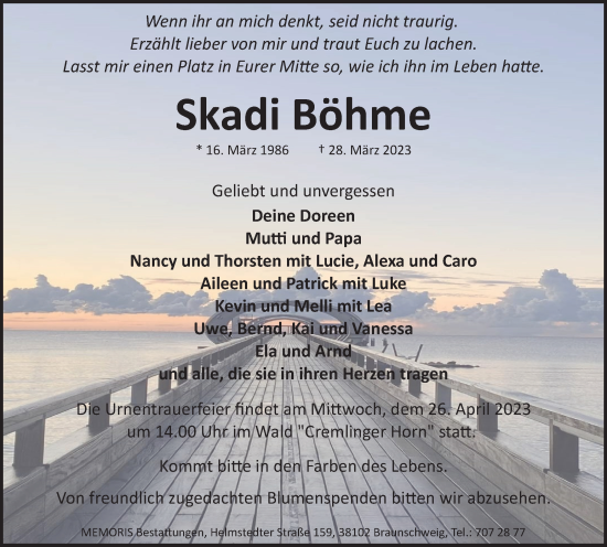 Traueranzeige von Skadi Böhme von Braunschweiger Zeitung