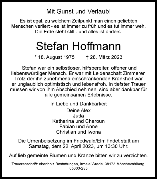 Traueranzeige von Stefan Hoffmann von Braunschweiger Zeitung