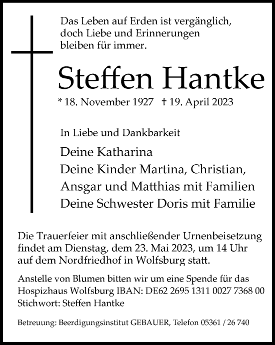 Traueranzeige von Steffen Hantke von Wolfsburger Nachrichten