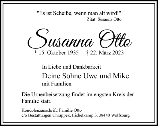 Traueranzeige von Susanna Otto von Wolfsburger Nachrichten