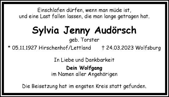 Traueranzeige von Sylvia Jenny Audörsch von Wolfsburger Nachrichten