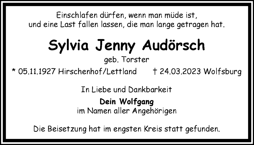  Traueranzeige für Sylvia Jenny Audörsch vom 19.04.2023 aus Wolfsburger Nachrichten