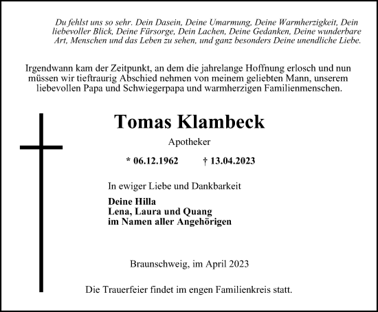 Traueranzeige von Tomas Klambeck von Braunschweiger Zeitung