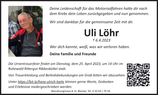Traueranzeige von Uli Löhr von Wolfsburger Nachrichten