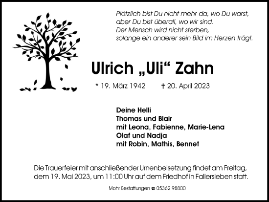 Traueranzeige von Ulrich Zahn von Wolfsburger Nachrichten