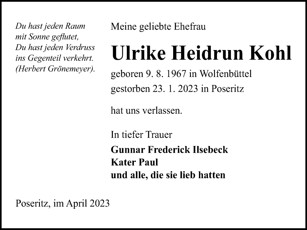  Traueranzeige für Ulrike Heidrun Kohl vom 08.04.2023 aus Wolfenbütteler Zeitung