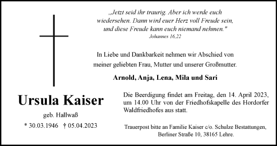 Traueranzeige von Ursula Kaiser von Braunschweiger Zeitung