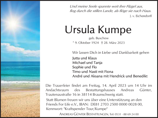 Traueranzeige von Ursula Kumpe von Braunschweiger Zeitung