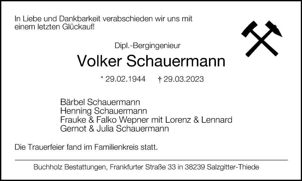  Traueranzeige für Volker Schauermanne vom 22.04.2023 aus Salzgitter-Zeitung