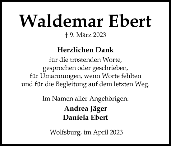 Traueranzeige von Waldemar Ebert von Wolfsburger Nachrichten