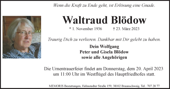Traueranzeige von Waltraud Blödow von Braunschweiger Zeitung