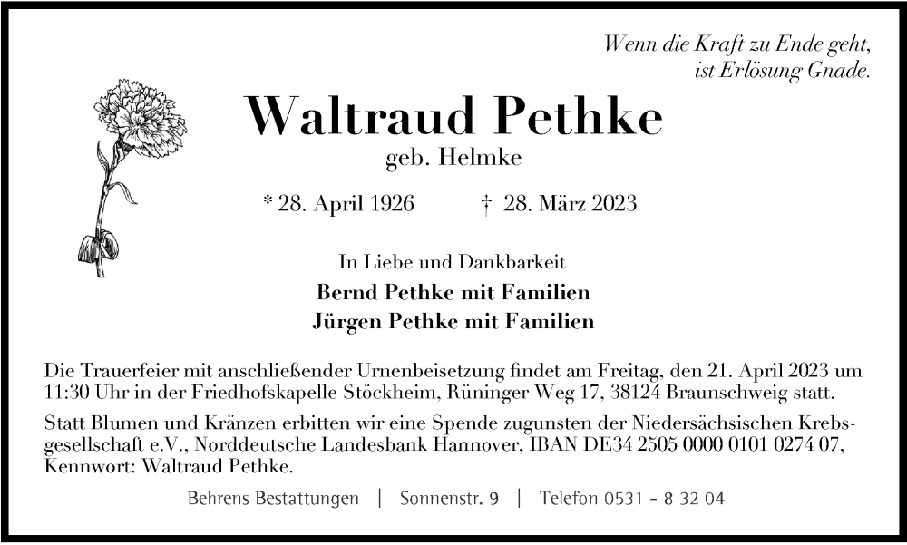  Traueranzeige für Waltraud Pethke vom 01.04.2023 aus Braunschweiger Zeitung