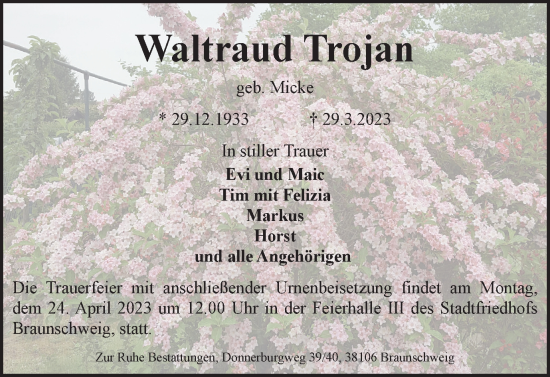 Traueranzeige von Waltraud Trojan von Braunschweiger Zeitung