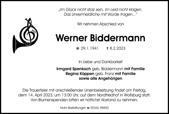 Traueranzeige von Werner Biddermann von Wolfsburger Nachrichten