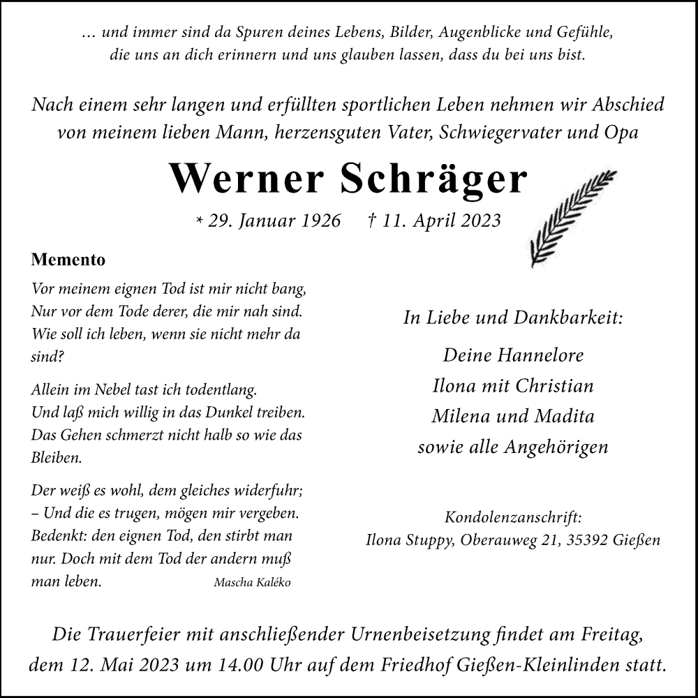  Traueranzeige für Werner Schräger vom 29.04.2023 aus Braunschweiger Zeitung