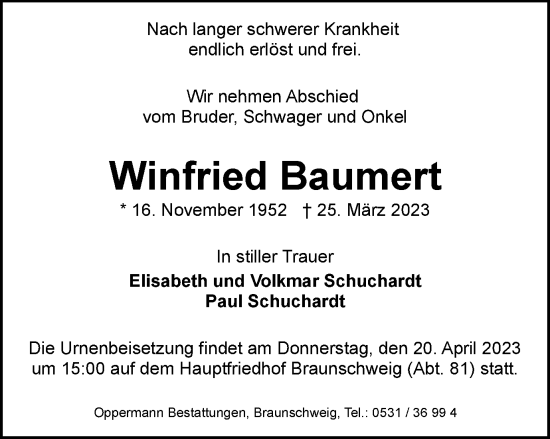 Traueranzeige von Winfried Baumert von Braunschweiger Zeitung