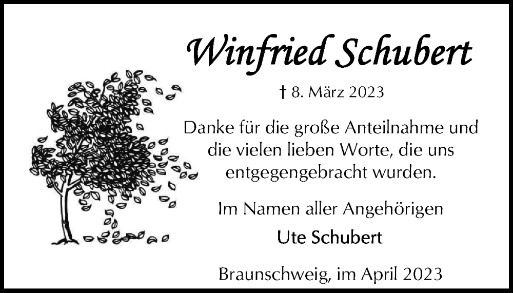  Traueranzeige für Winfried Schubert vom 14.04.2023 aus Braunschweiger Zeitung