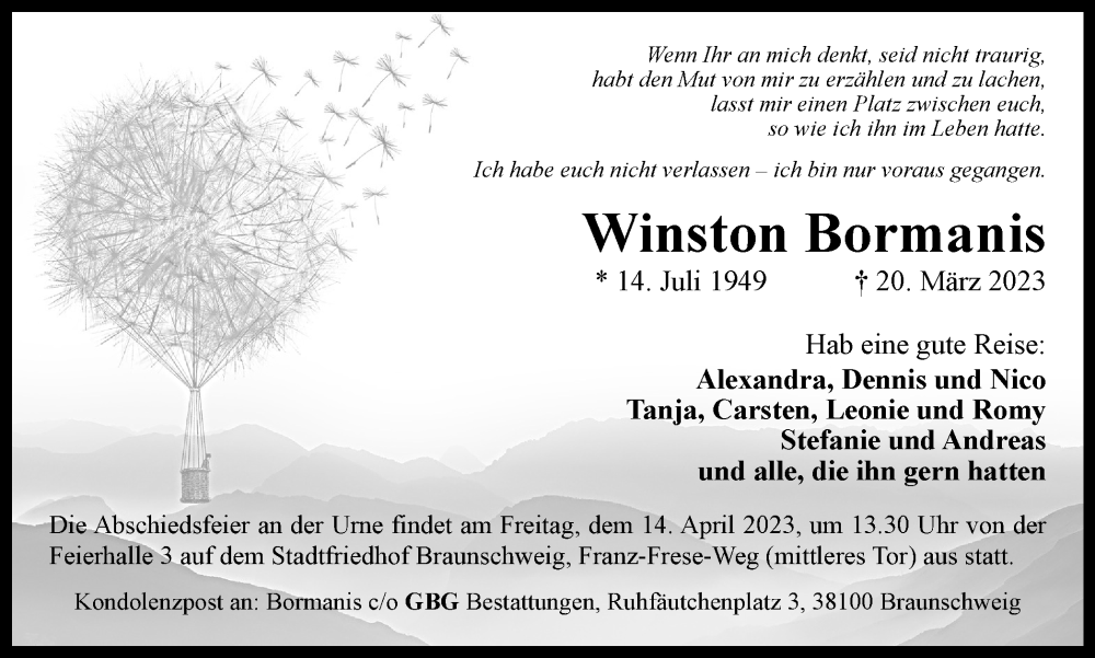  Traueranzeige für Winston Bormanis vom 08.04.2023 aus Braunschweiger Zeitung