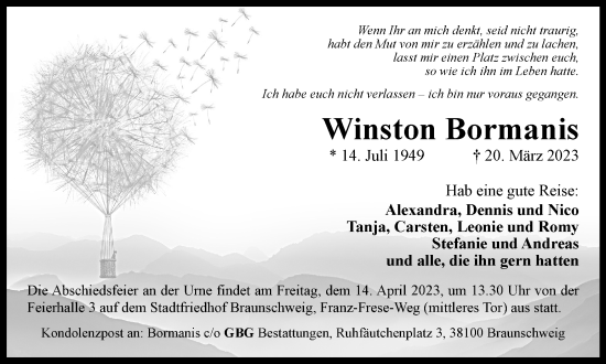 Traueranzeige von Winston Bormanis von Braunschweiger Zeitung