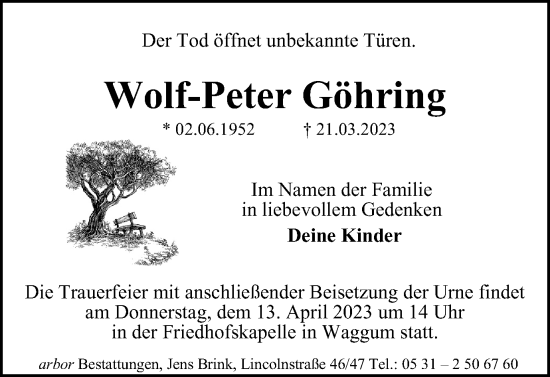 Traueranzeige von Wolf-Peter Göhring von Braunschweiger Zeitung
