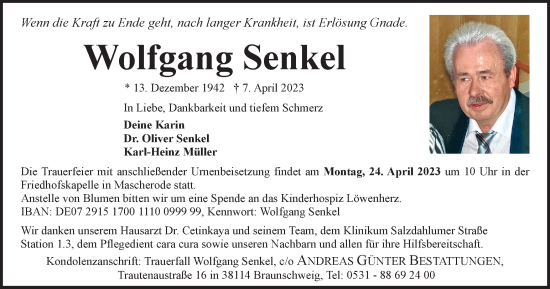 Traueranzeige von Wolfgang Senkel von Braunschweiger Zeitung