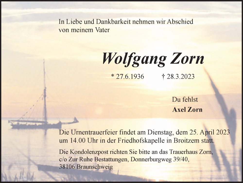  Traueranzeige für Wolfgang Zorn vom 15.04.2023 aus Braunschweiger Zeitung