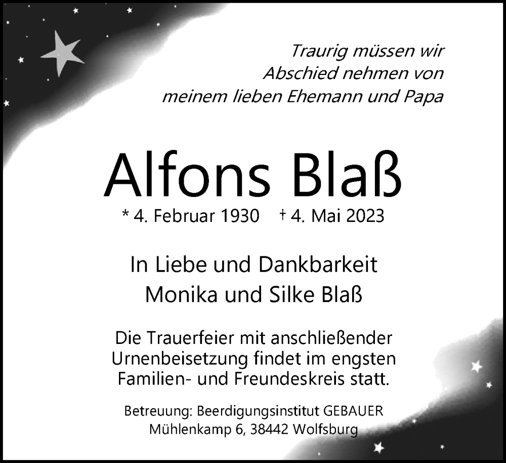  Traueranzeige für Alfons Blaß vom 13.05.2023 aus Wolfsburger Nachrichten
