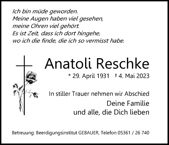 Traueranzeige von Anatoli Reschke von Wolfsburger Nachrichten
