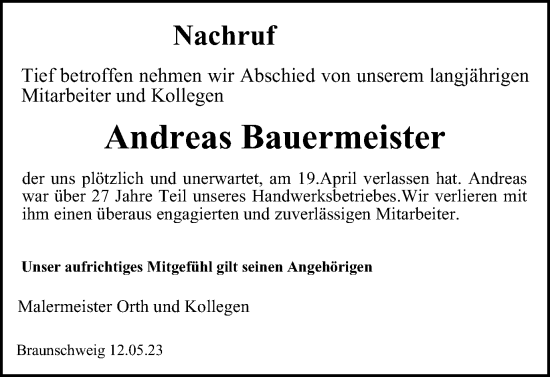 Traueranzeige von Andreas Bauermeister von Braunschweiger Zeitung