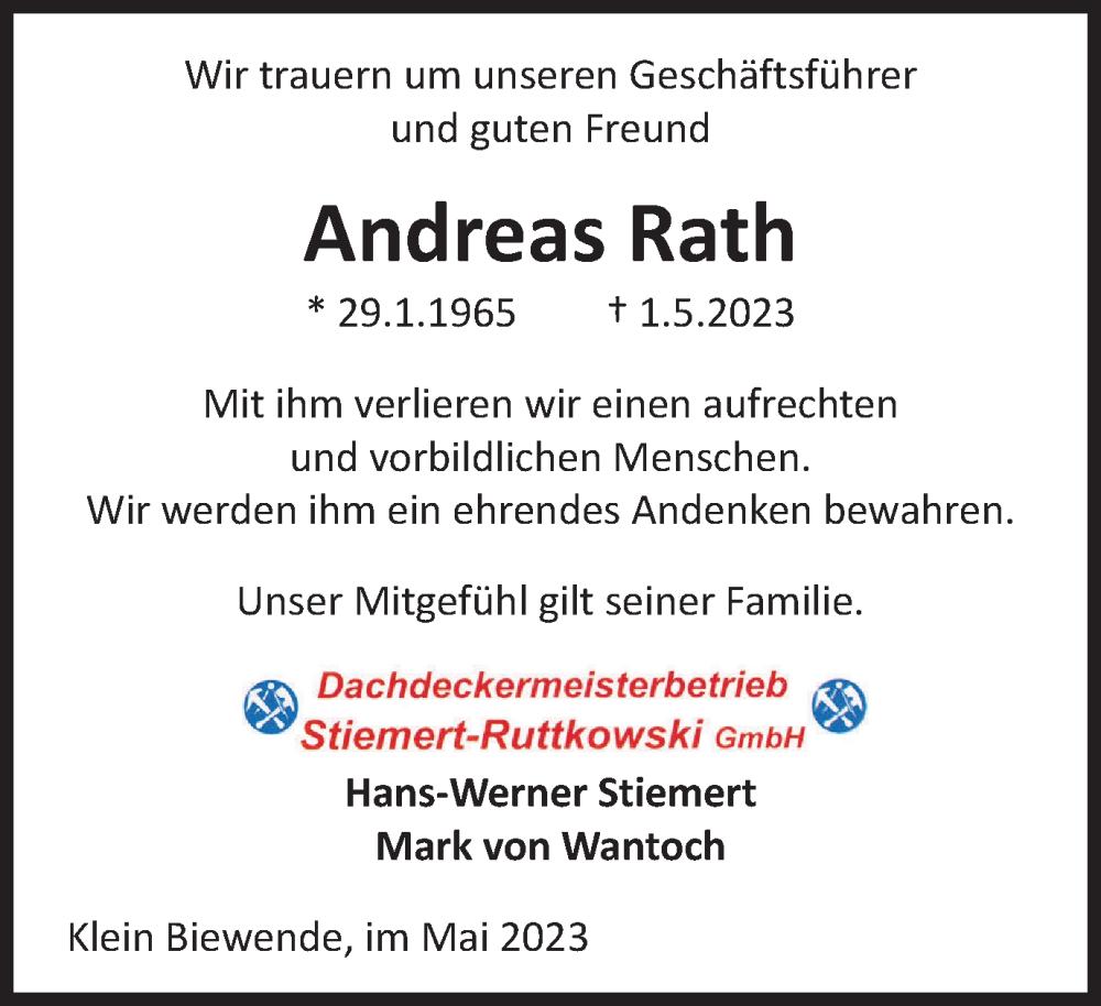  Traueranzeige für Andreas Rath vom 06.05.2023 aus Braunschweiger Zeitung