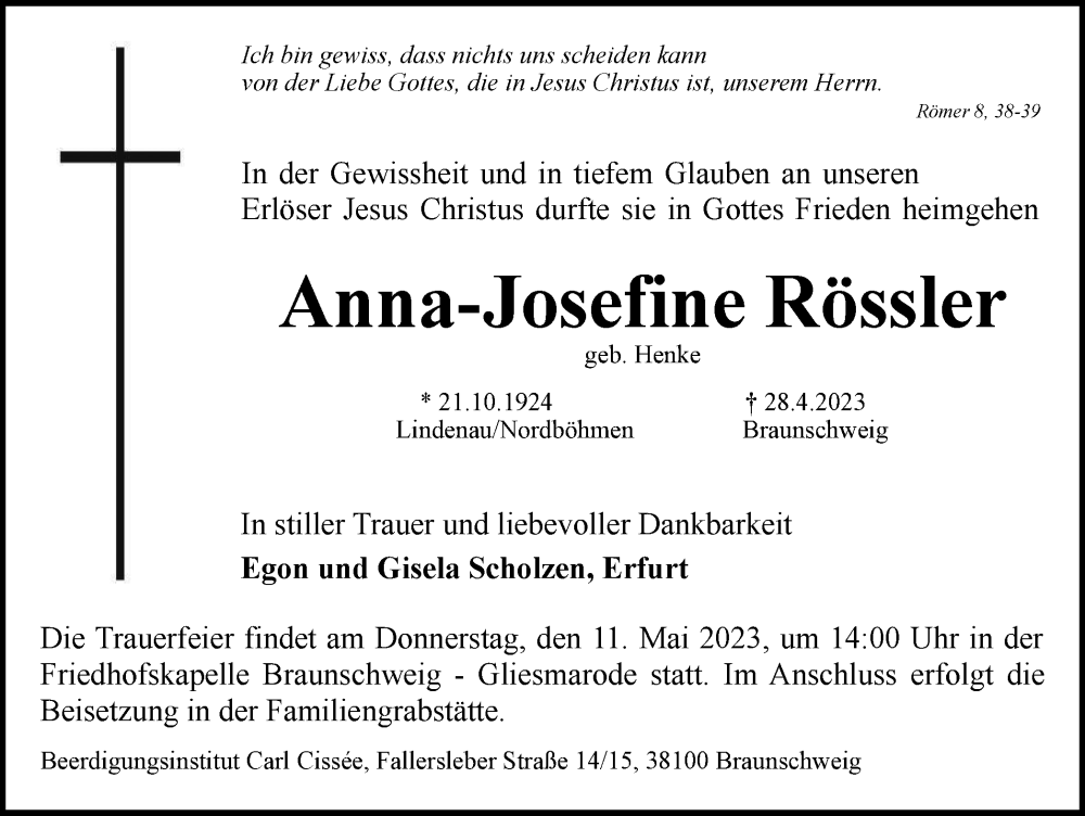  Traueranzeige für Anna-Josefine Rössler vom 06.05.2023 aus Braunschweiger Zeitung