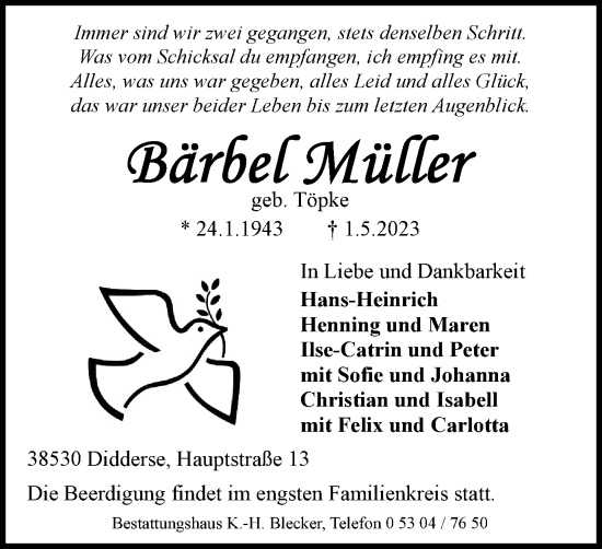 Traueranzeige von Bärbel Müller von Wolfsburger Nachrichten