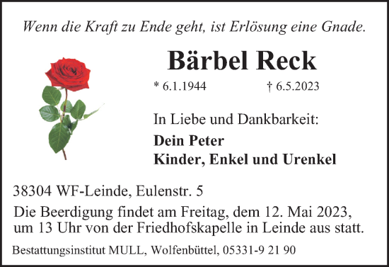 Traueranzeige von Bärbel Reck von Wolfenbütteler Zeitung
