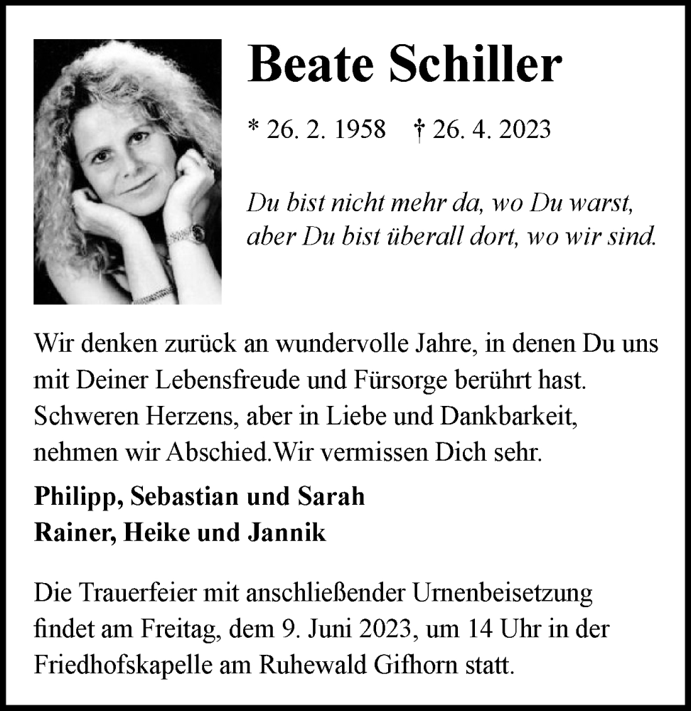  Traueranzeige für Beate Schiller vom 26.05.2023 aus Wolfsburger Nachrichten
