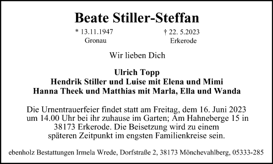 Traueranzeige von Beate Stiller-Steffan von Braunschweiger Zeitung