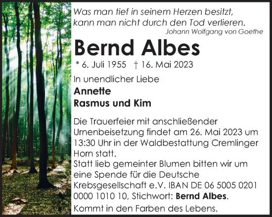 Traueranzeige von Bernd Albes von Braunschweiger Zeitung