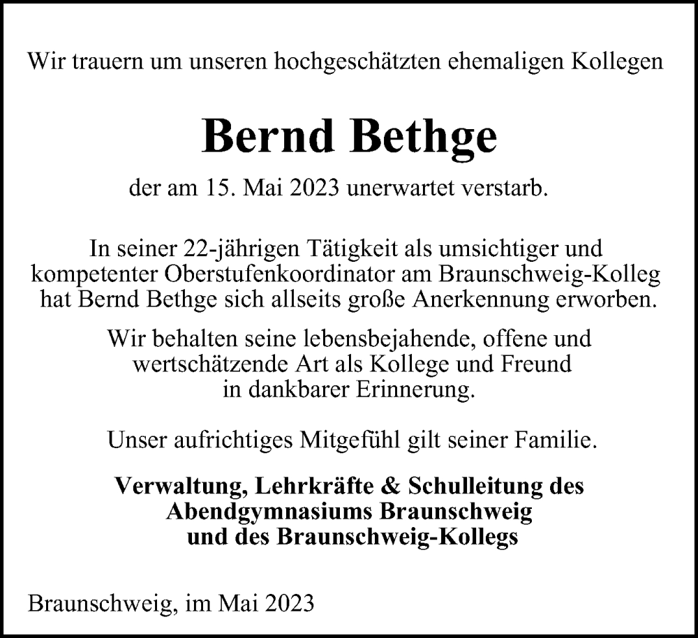  Traueranzeige für Bernd Bethge vom 31.05.2023 aus Braunschweiger Zeitung