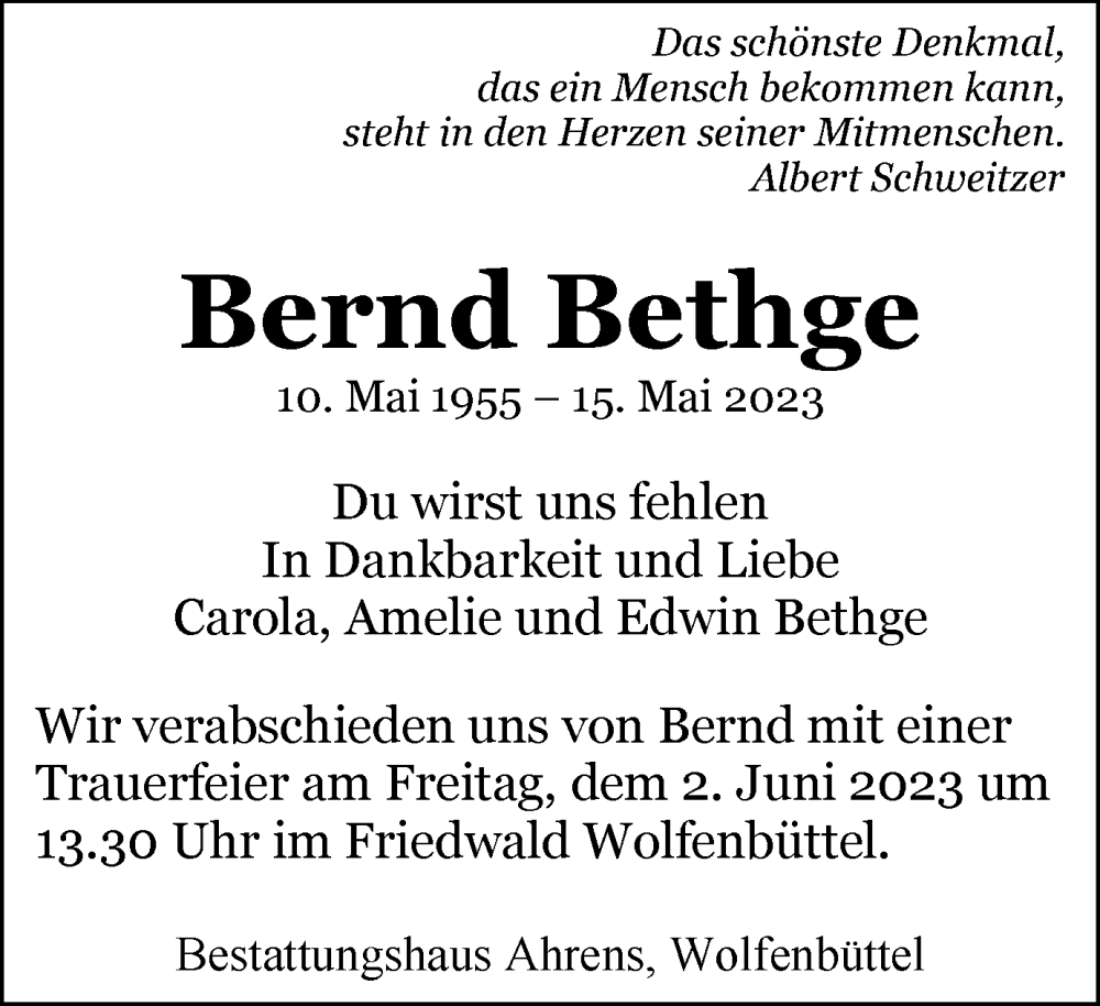  Traueranzeige für Bernd Bethge vom 27.05.2023 aus Wolfenbütteler Zeitung