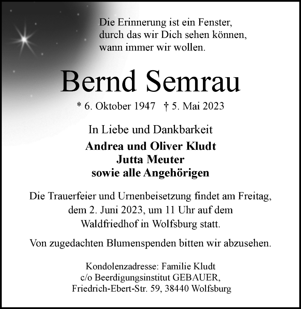  Traueranzeige für Bernd Semrau vom 20.05.2023 aus Helmstedter Nachrichten