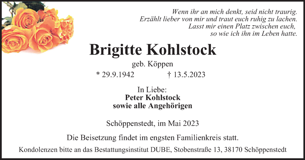  Traueranzeige für Brigitte Kohlstock vom 20.05.2023 aus Wolfenbütteler Zeitung