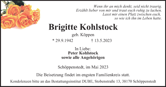 Traueranzeige von Brigitte Kohlstock von Wolfenbütteler Zeitung