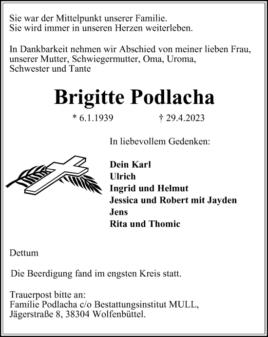 Traueranzeige von Brigitte Podlacha von Wolfenbütteler Zeitung