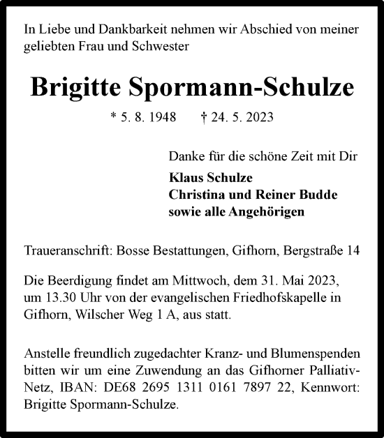 Traueranzeige von Brigitte Spormann-Schulze von Wolfsburger Nachrichten