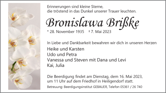 Traueranzeige von Bronislawa Brißke von Wolfsburger Nachrichten