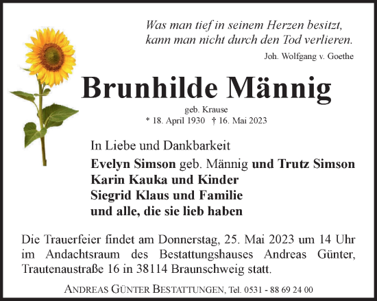 Traueranzeige von Brunhilde Männig von Braunschweiger Zeitung