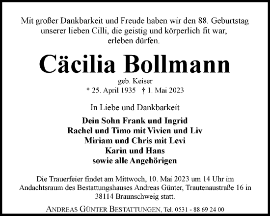 Traueranzeige von Cäcilia Bollmann von Braunschweiger Zeitung