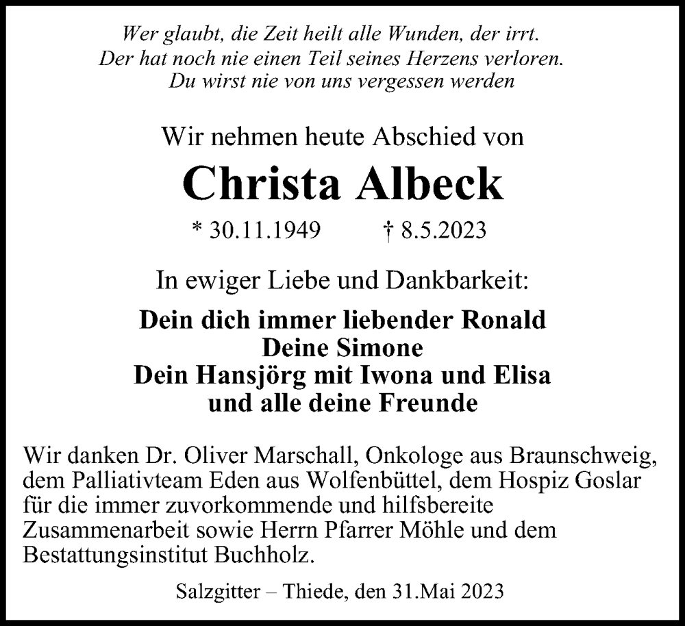  Traueranzeige für Christa Albeck vom 31.05.2023 aus Salzgitter-Zeitung